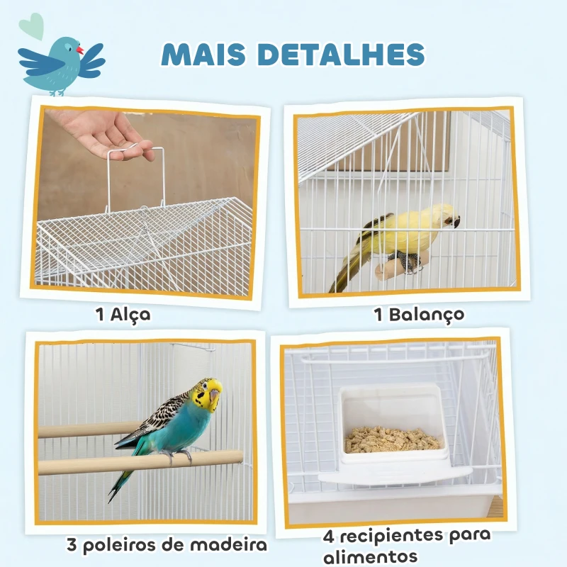 PawHut Gaiola para Pássaros de Aço com Comedouros Poleiros Balanço e Bandeja Removível 50,5x41x104 cm Branco