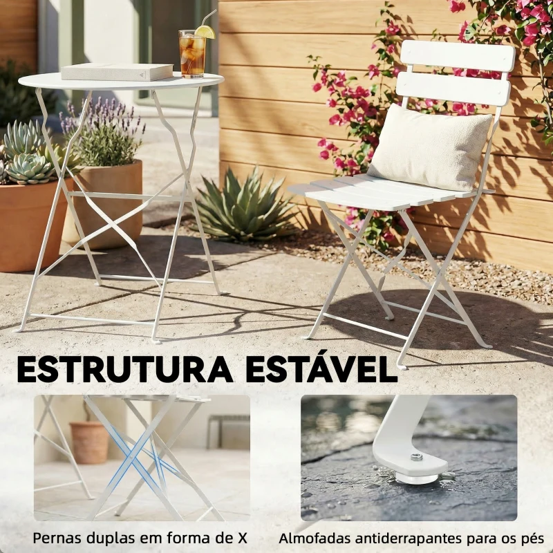 Outsunny Conjunto de Jardim Dobrável com 2 Cadeiras Dobráveis Mesa Redonda Estrutura Metálica Eletroforética para Varanda Creme