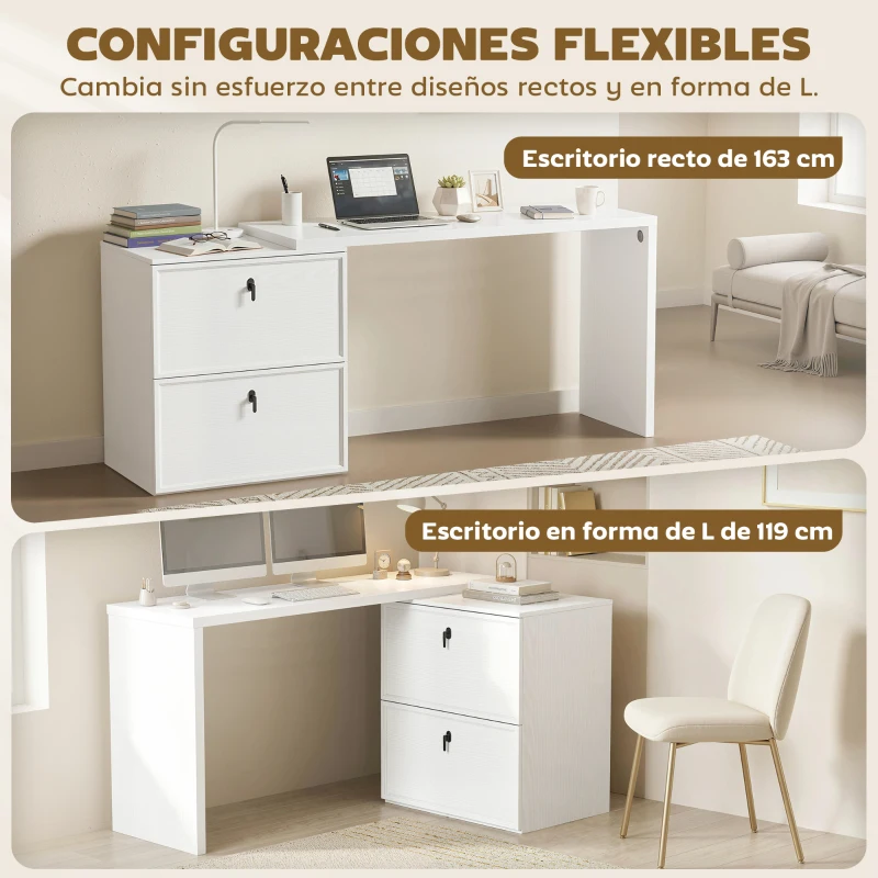 HOMCOM Escritorio Reversible en Forma de L con 2 Cajones Archivadores Diseño Moderno para Espacios Pequeños Oficina Blanco