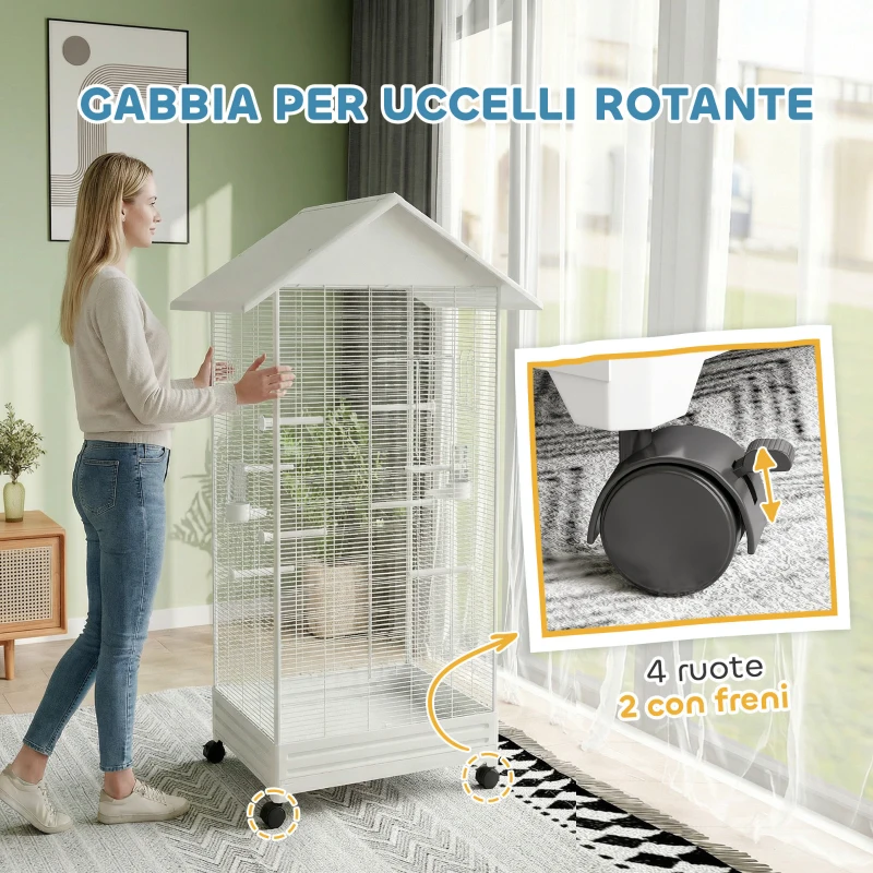 PawHut Voliera per Uccelli a Rotelle con Vassoio Estraibile, Posatoi e Mangiatoie, in Acciaio, 79x65x155 cm, Bianco