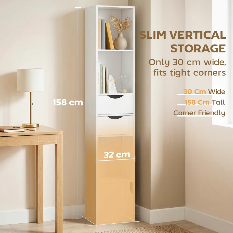 HOMCOM Bookcase with Drawers Adjustable Shelf Bookshelf with 2 Drawers and Cabinet 158 cm White