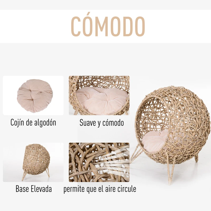PawHut Cama Cueva de Ratán para Gatos o Mascotas Pequeña con Base Trípode Cojín de Felpa y Algodón Suave Diseño Elevado Estable Φ52x58 cm Madera Natural