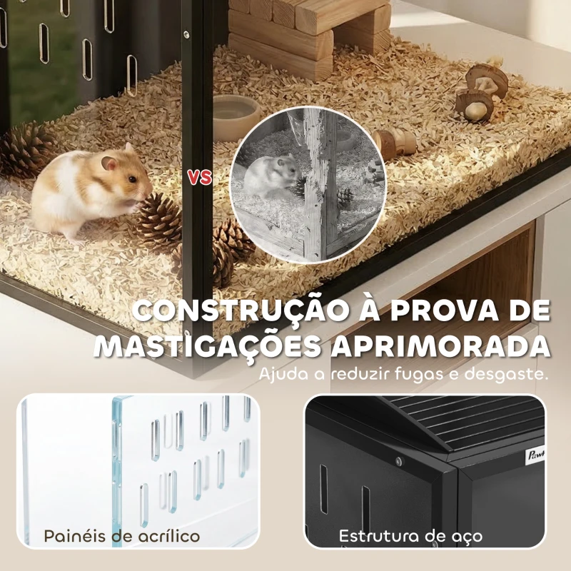 PawHut Gaiola Grande para Hamster 105x51x53 cm com Tampa Ventilada Rebatível Estrutura de Aço e Painéis Transparentes Preto