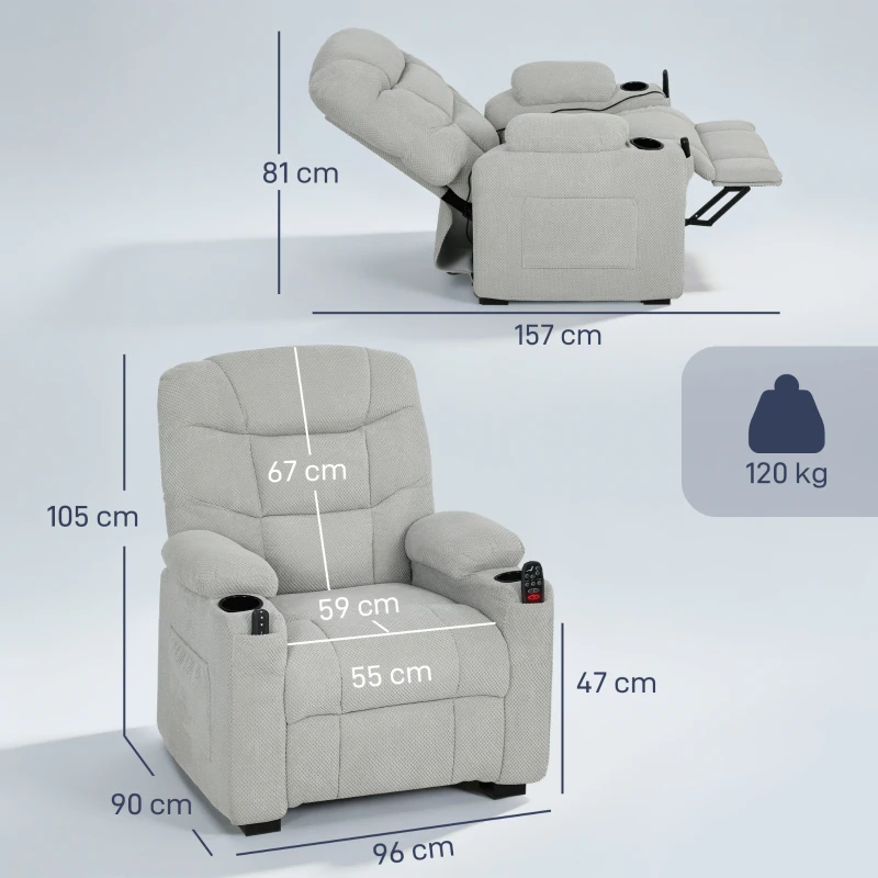 HOMCOM Electric Massage Recliner Armchair with Vibration, Heat, Whisper-Quiet Motor, Memory Function, Fleece Power Reclining Chair with Spring Pack, USB Port, Footrest, Side Pocket, Cup Holders, Grey