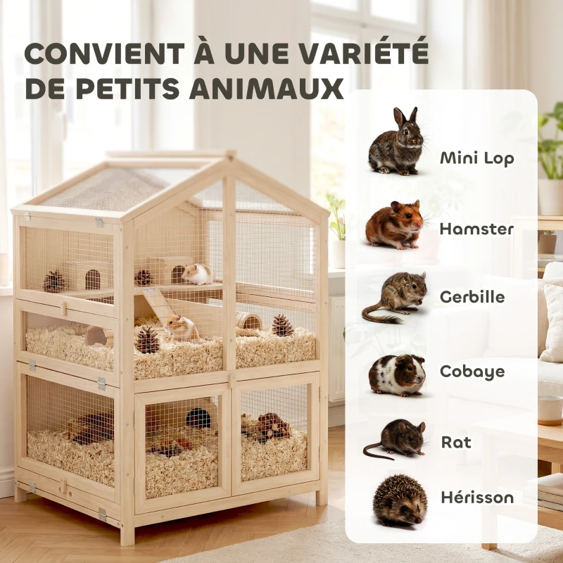 PawHut Cage Hamster 3 Étages en Bois avec Bac Amovible, Couvercle Ouvrant, Bascule, Cabane, Fenêtre, 68x61,5x90cm, Naturel