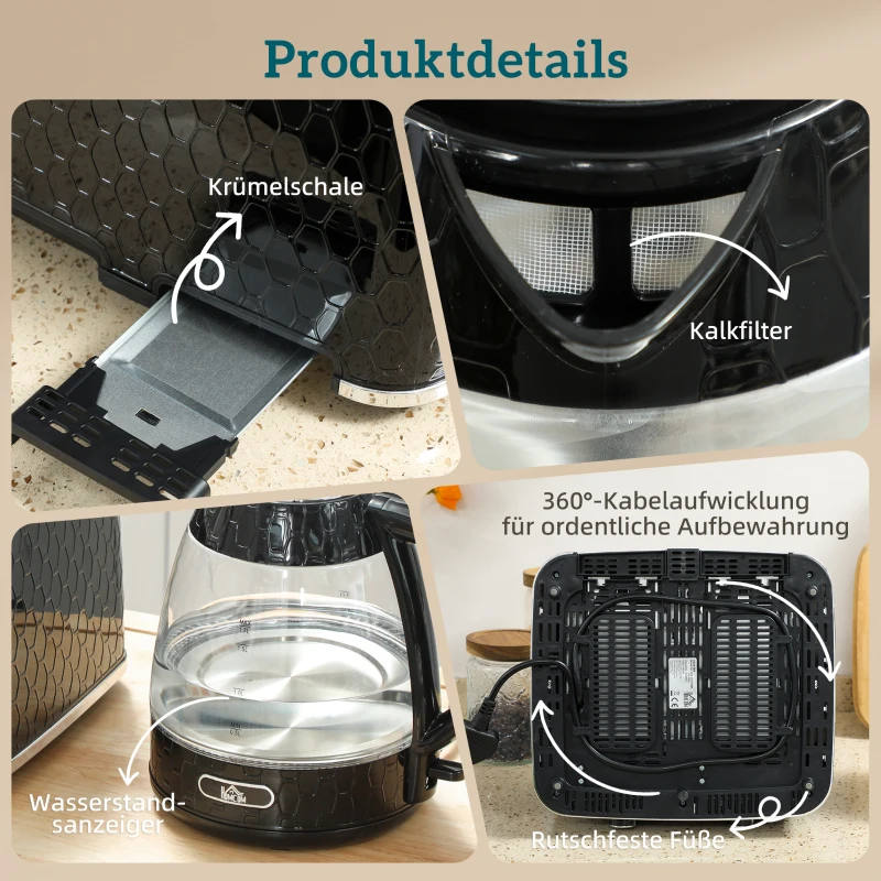 HOMCOM 1,7L 2200W Schnellkoch-Wasserkocher und 4-Scheiben-Toaster-Set mit Kalkfilter, Schwarz