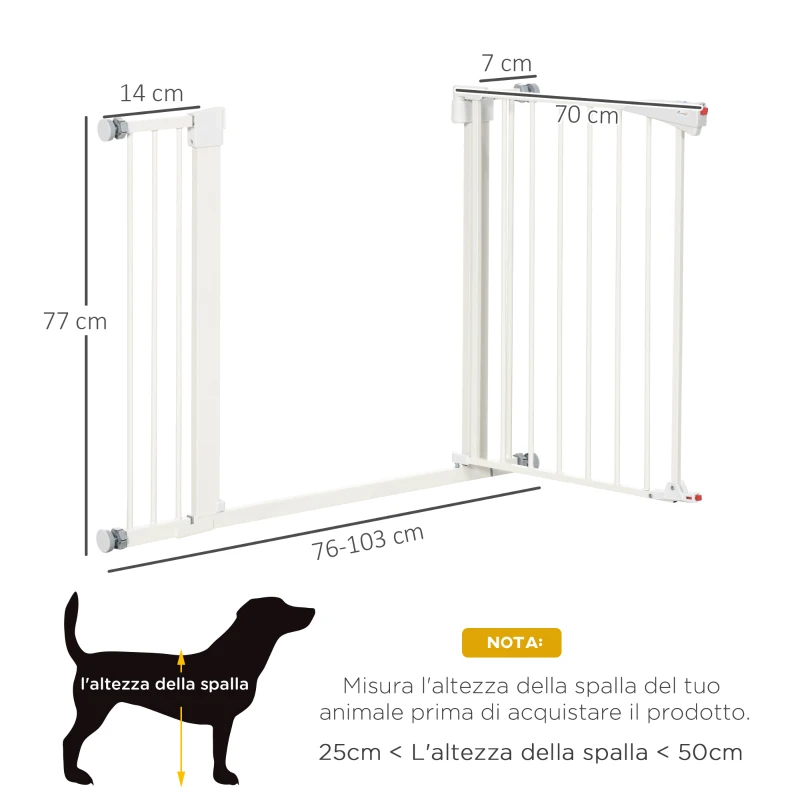 PawHut Cancelletto per Cani Taglia Piccola e Media con Doppia Serratura e Chiusura Automatica, 76-103x4.2x77 cm, Bianco