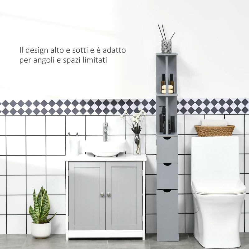 HOMCOM Mobile Colonna Bagno con Ripiani Aperti e Cassetti, in Legno, 15x33x136.8 cm, Grigio