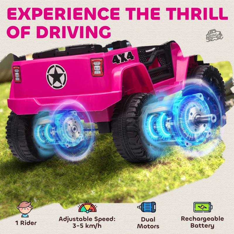 HOMCOM Kinderauto 12V Elektrische Kinderauto met Afstandsbediening, 2 Motoren en LED voor 3-6 Jaar Roze 100x65x72 cm