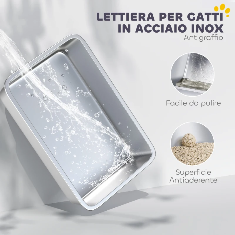 PawHut Lettiera per Gatti Grandi in Acciaio Inox con Coperchio Ribaltabile, Paletta e Deodorante, Grigio Chiaro