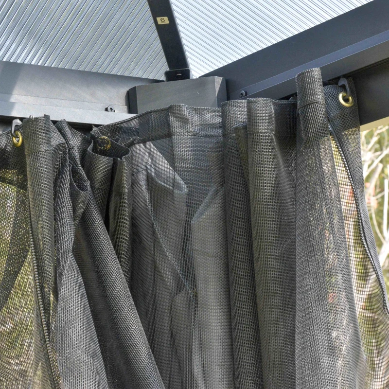 Outsunny 3 x 3(m) Hardtop Gazebo Canopy with Polycarbonate Roof, Aluminium Frame, Permanent Pavilion Garden Gazebo with Netting and Curtains for Patio, Deck, Dark Grey