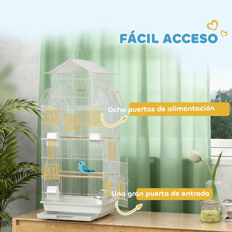 PawHut Jaula para Pájaros de Acero con Comederos Perchas Columpio y Bandeja Extraíble 50,5x41x104 cm Blanco