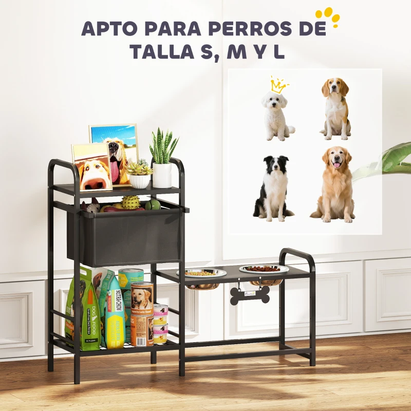 PawHut Comedero Perro Elevado con Cajón de Tela 2 Cuencos de Acero Inoxidable 2x800 ml Altura Ajustable 2 Estantes Negro