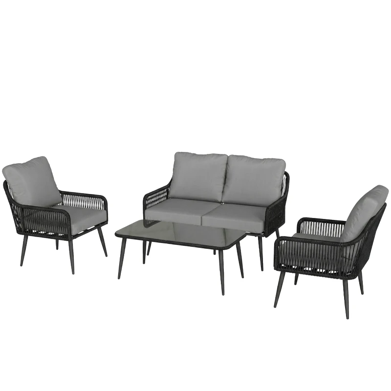 Outsunny Rattan Garden Furniture Set, 4 Piece Outdoor Patio Furniture with Tempered Glass Table and Chairs, Indoor Balcony Conservatory Set