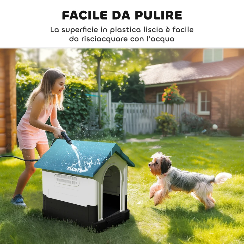 PawHut Cuccia per Cani Piccoli da Esterno in Plastica con Finestre e Base Rialzata, 64.5x57x66 cm, Blu