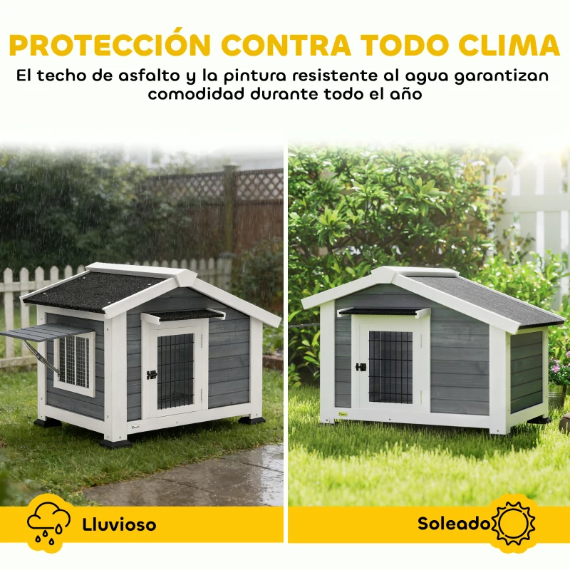 PawHut Caseta para Perros Exterior de Madera Casa para Perros Medianos con Techo Asfático Suelo Extraíble 98x76x69,5 cm Gris
