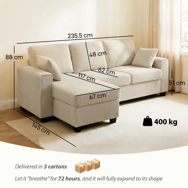 HOMCOM Colțar cu chaiselongue reversibilă, canapea 3 locuri cu aspect de catifea, șezut lat și adânc, perne cu arc, Bej