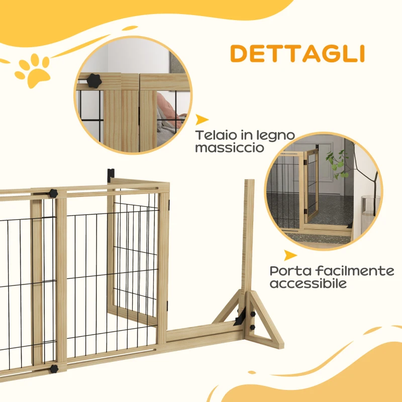 PawHut Cancelletto per Cani Estensibile con Porta e 2 Pannelli, Piedini Triangolari, 112-159x70 cm, Legno Naturale