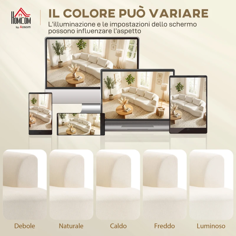 HOMCOM Divano modulare 3 posti con seduta ampia e cuscini in chenille, 260 cm, Crema