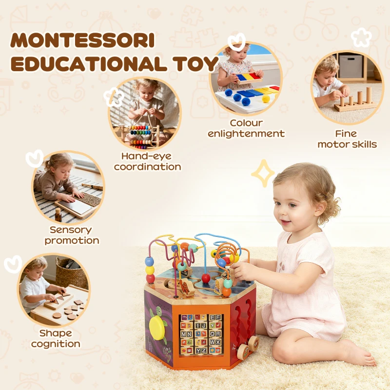 AIYAPLAY Wooden Activity Cube, Baby Toys with Bead Maze, Pattern Sorter for Toddlers Boys and Girls 18+ Months