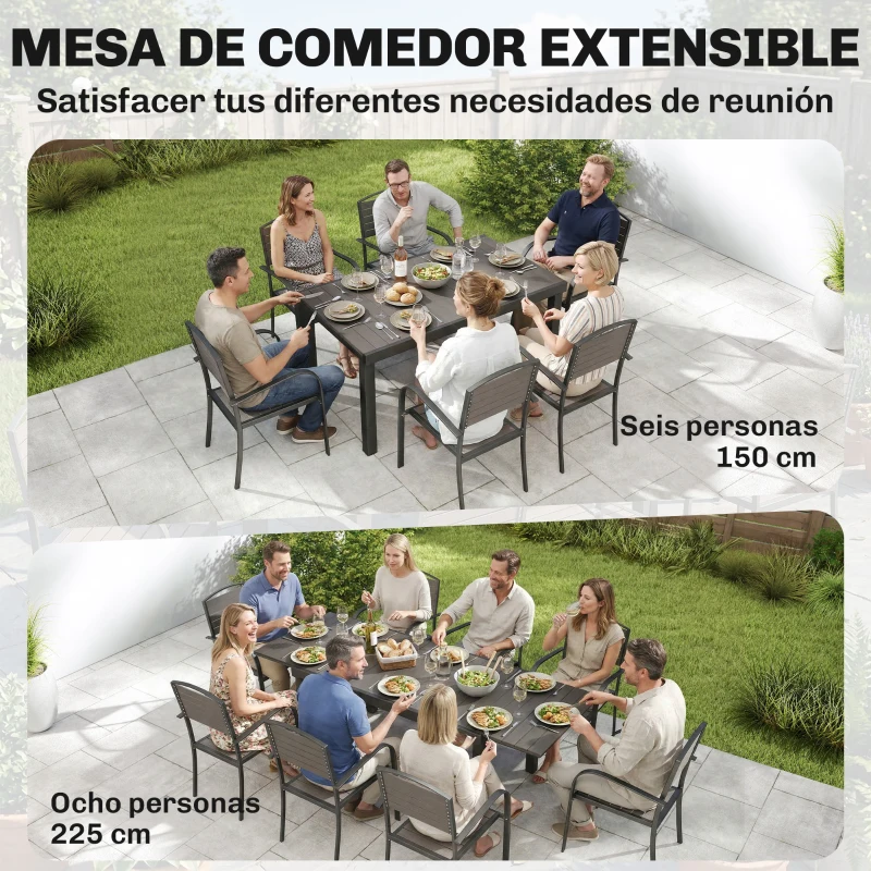 Outsunny Conjunto de Mesa y Sillas Jardín con Mesa Extensible Marco de Aluminio 8 Sillas y Tablero de Lamas de Madera Plástica