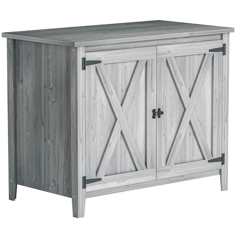 Outsunny Armoire de jardin en bois, placard de jardin en bois avec étagères et double portes, 110 x 60 x 88,5 cm, gris clair