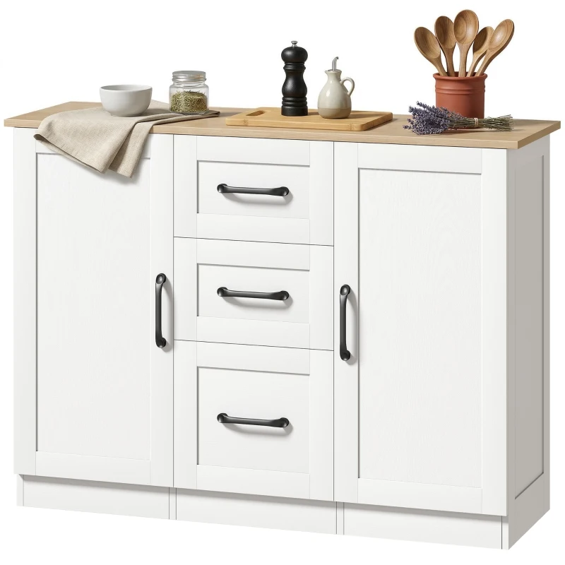 HOMCOM Sideboard Wohnzimmer, Aufbewahrungsmöbel mit 2 Soft-Close-Türen und 3 Schubladen, 110x35x80,4cm, weiß und natürliches Holz