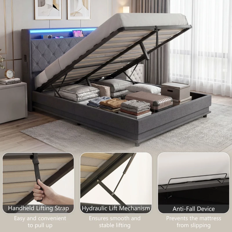 HOMCOM Letto contenitore 140x190 cm con LED e stazione ricarica, Grigio