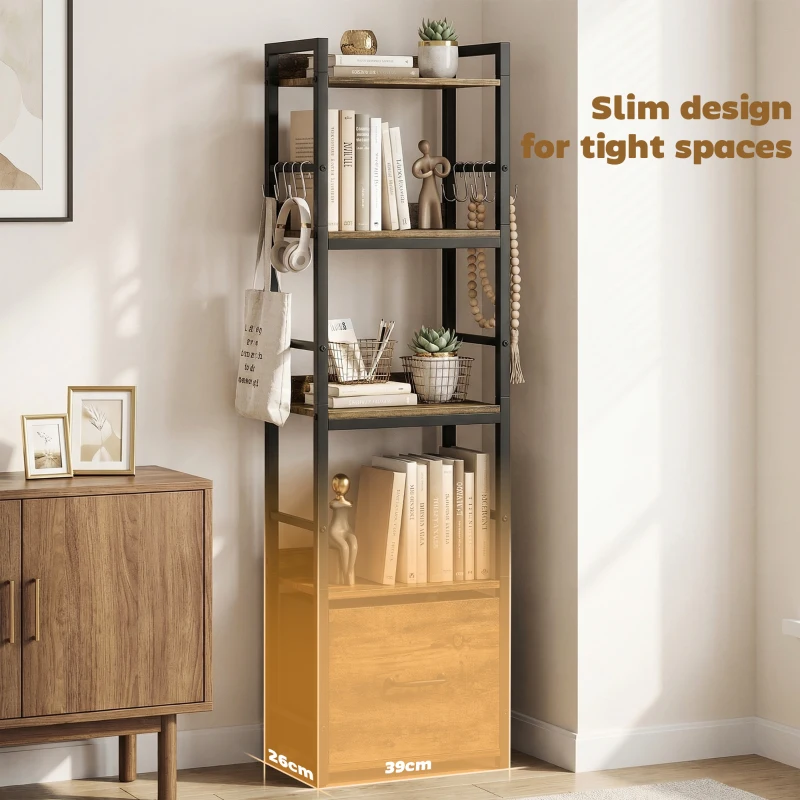 HOMCOM 4-Tier Bookshelf, Narrow Bookcase with Drawer, 8 Hooks, Metal Frame, Rustic Brown