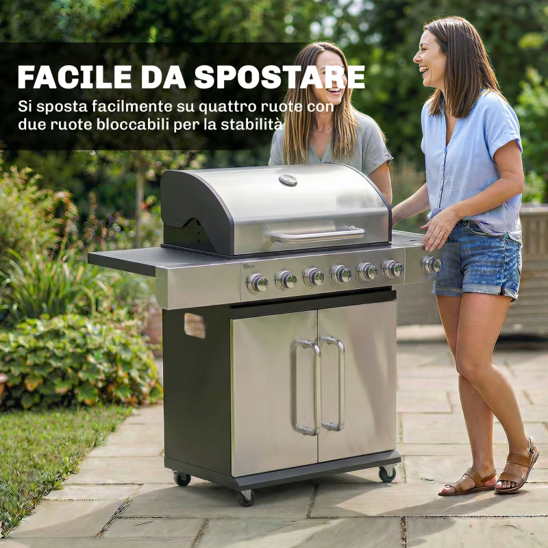 Outsunny Gas Barbecue, 6 Burners, Side Burner, Cast Iron Grill, Cabinet Included.