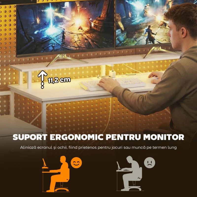 HOMCOM Birou Gaming cu Suport CPU Reglabil Reversibil și LED, 147x47 cm, Stație de Încărcare, Suport Monitor, 3 Sertare din Material Textil, pentru Acasă, Birou sau Studio, Alb