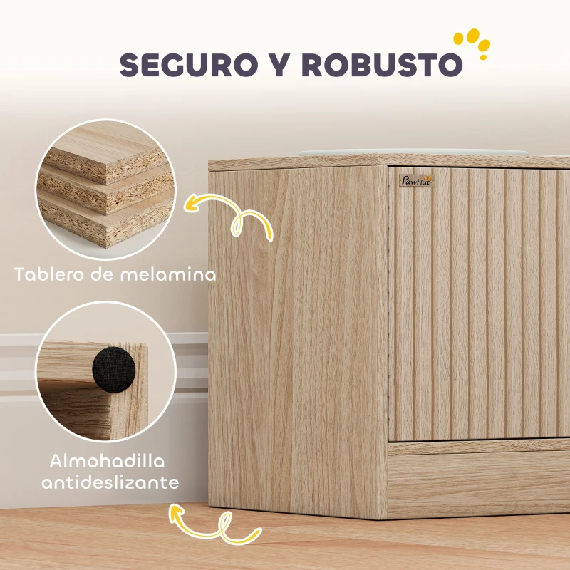 PawHut Comedero Perro Elevado con 2 Cuencos de Acero Inoxidable 2x2000 ml con Comedero Lento Almacenamiento Oculto Roble