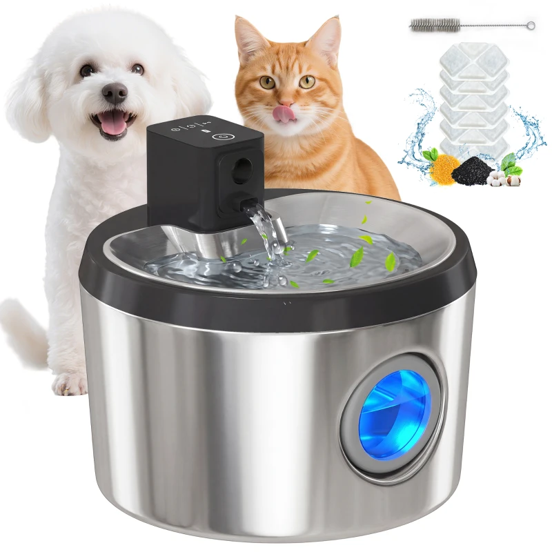 PawHut Fontaine pour chat 4 L Sans fil Acier inoxydable Fontaine à eau avec détecteur de mouvement 12 filtres Système de filtration double LED Argent