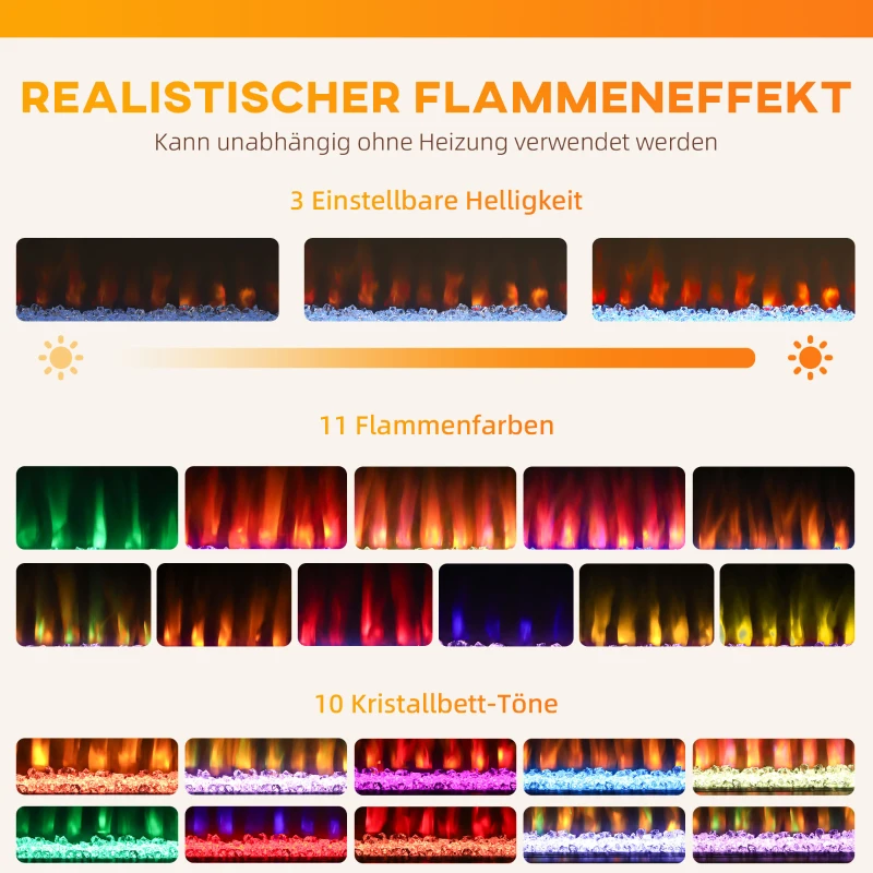 HOMCOM Elektro-Kamin mit 11 Flammenfarben, 10 Kristallbett-Farben, 1000W/2000W, Fernbedienung, vielseitig einsetzbar, Weiß