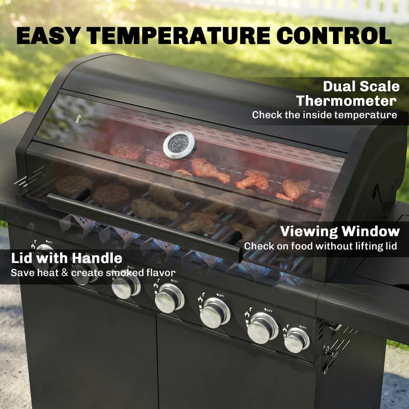 Outsunny 6+1 Burner Gas BBQ Grill, Outdoor Barbecue Trolley with Wheels, Warming Rack, Thermometer, Bottle Opener, Black