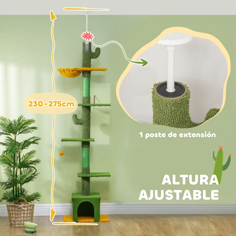 PawHut Árbol para Gatos de Suelo a Techo de 230-275 cm con Altura Ajustable Plataformas Cueva Hamaca Postes Bolas Verde