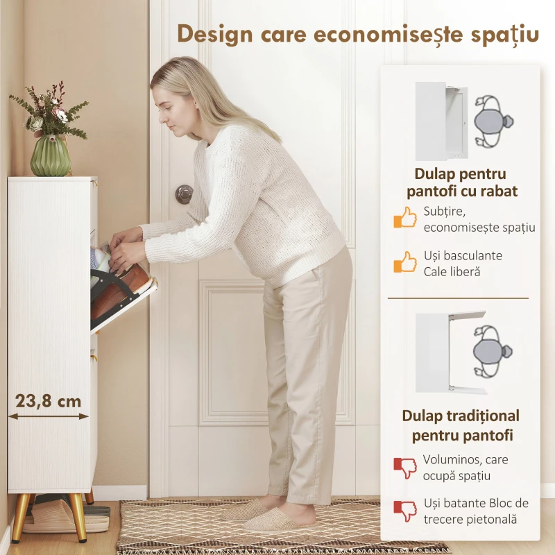 HOMCOM Dulap pentru Pantofi Slim cu Uși Rabatabile, Rafturi Reglabile, pentru 12 Perechi, Alb