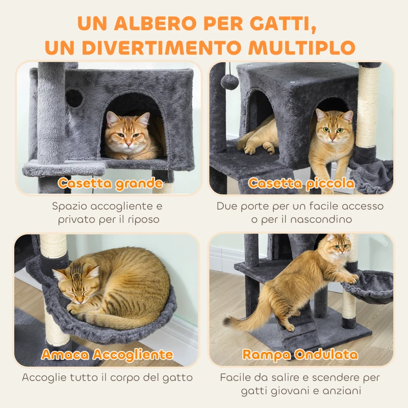 PawHut Albero per Gatti Alto 140 cm con 2 Casette, Lettino e Amaca per 2-3 Gatti, Rivestimento Peluche, Grigio