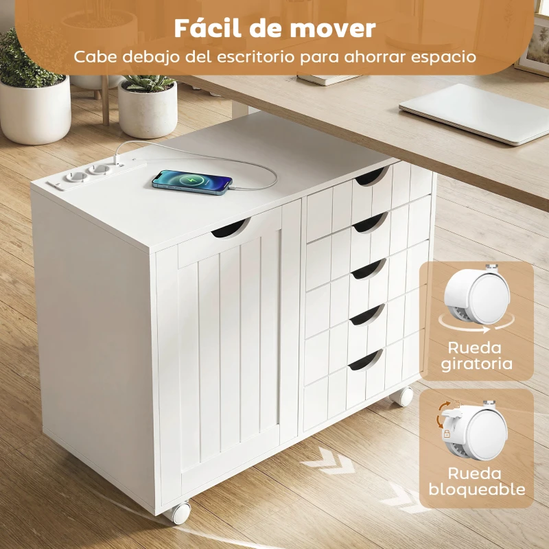 HOMCOM Mueble para Impresora con Estación de Carga y Ruedas 5 Cajones Puertos USB Estante Ajustable Blanco