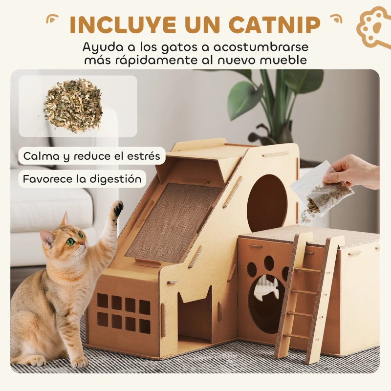 PawHut Rascador Cartón para Gatos Forma Castillo 2 en 1 Rascador para Gatos con 2 Zonas de Rascado Catnip 67x66x57 cm Marrón