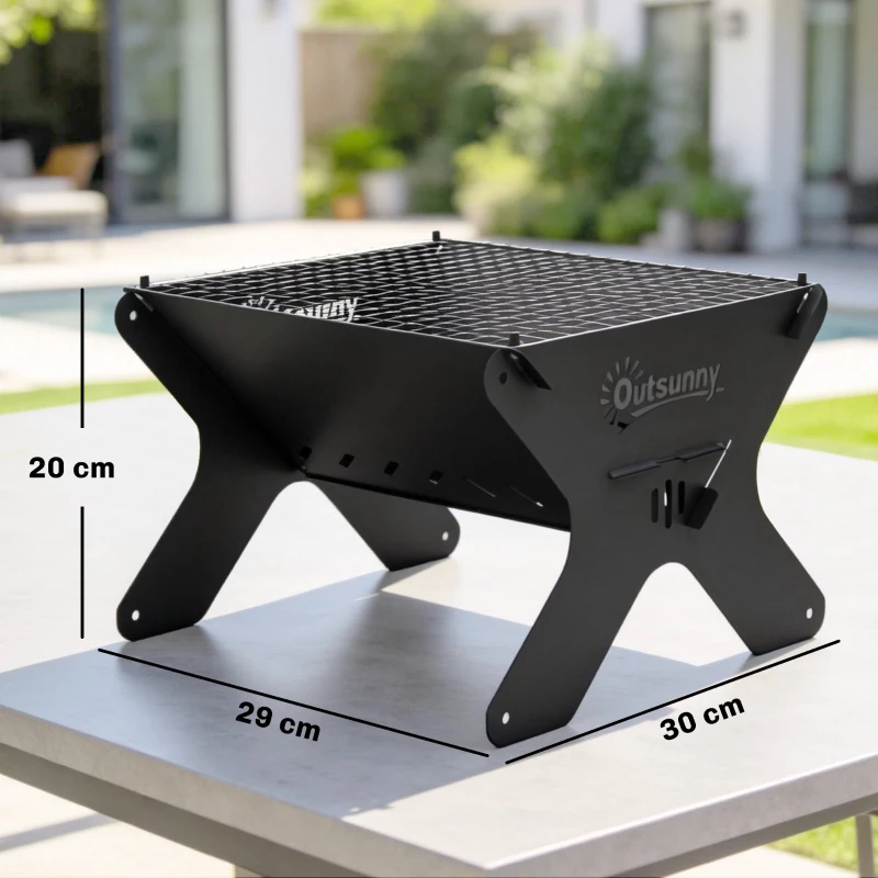 Outsunny 2-In-1 Portable BBQ Grill and Camping Fire Pit, Tabletop Charcoal Barbecue Grill with Gripper, Gloves and Carry Bag