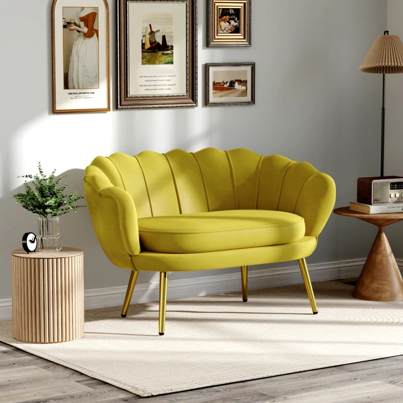 HOMCOM Canapea Modernă de 2 Locuri cu Brațe și Șezut Căptușit, pentru Dormitor și Sufragerie, 130x77x77 cm, Galben(m-8)