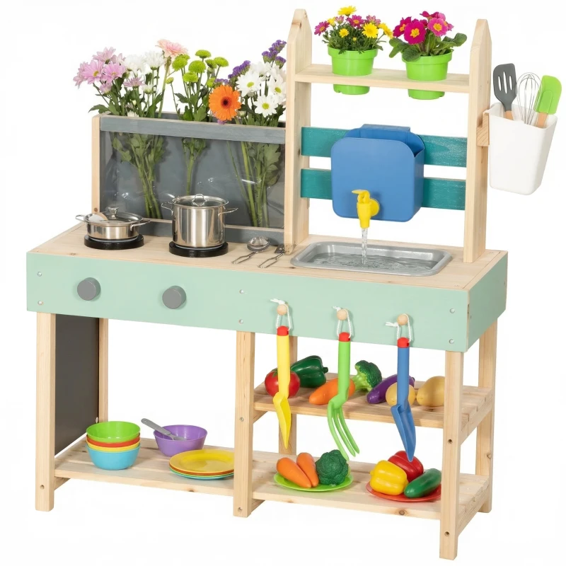 AIYAPLAY Mud Kitchen with Working Faucet, Kids Play Kitchen with Flower Pots, Kitchen Accessories, Planting Tools, Blue