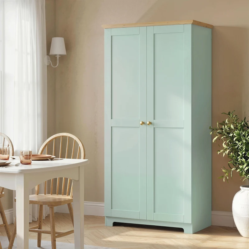 HOMCOM Kitchen Cupboard, 172cm Freestanding Storage Cabinet with Doors and Shelves, Light Green