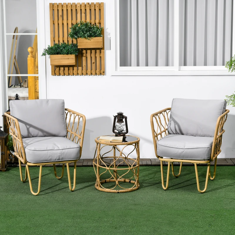 Outsunny Ensemble salon de jardin en résine tressée 3 pièces 2 fauteuils + 1 table basse ronde coussins inclus