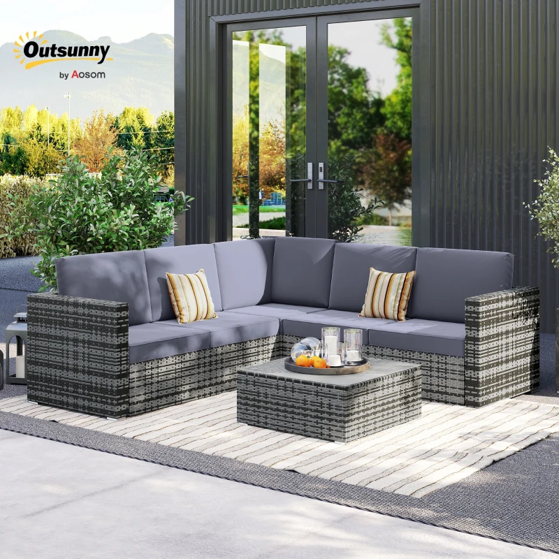 Outsunny 4 Pieces Rattan Garden Furniture Set, Wicker Outdoor Furniture Set with Corner Sofa Loveseat Coffee Table Cushions, Conservatory Furniture Set for Patio Balcony Poolside, Grey
