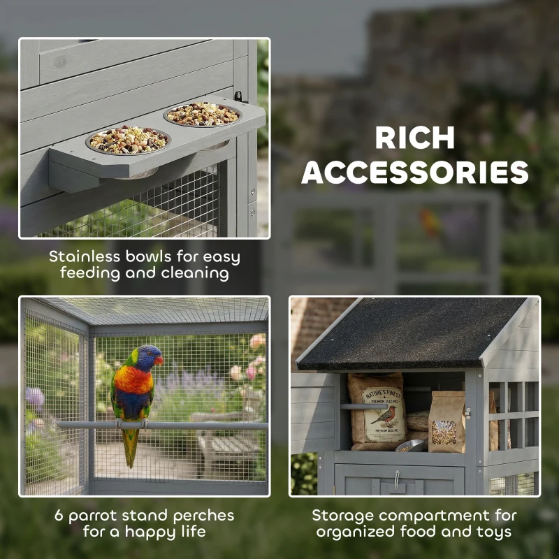 PawHut Volière Cage en bois avec 6 perchoirs compartiment tiroir extractible gamelles en acier inoxydable 196x60x164,5cm Gris