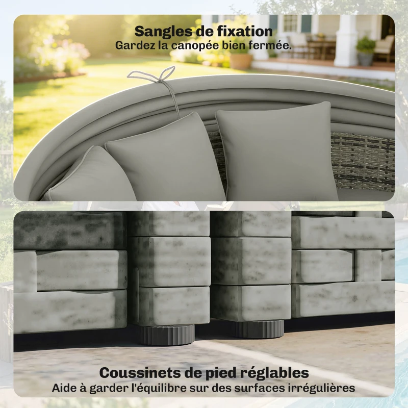 Outsunny Bain de soleil rond, lit de jardin extérieur modulable 3 PSC en résine tressée avec auvent rétractable, gris clair