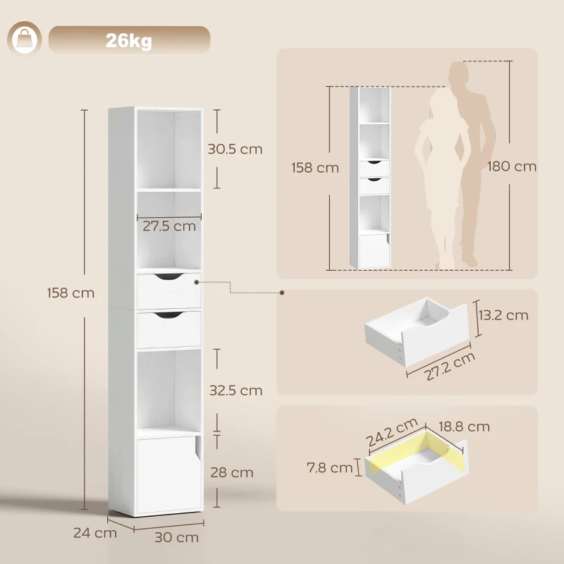 HOMCOM Bookcase with Drawers Adjustable Shelf Bookshelf with 2 Drawers and Cabinet 158 cm White
