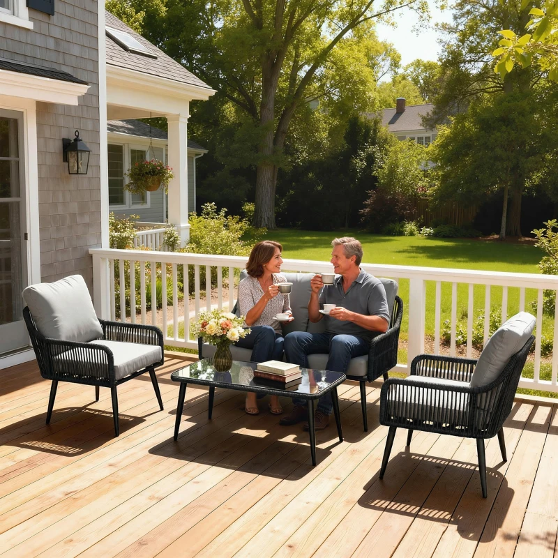 Outsunny Rattan Garden Furniture Set, 4 Piece Outdoor Patio Furniture with Tempered Glass Table and Chairs, Indoor Balcony Conservatory Set